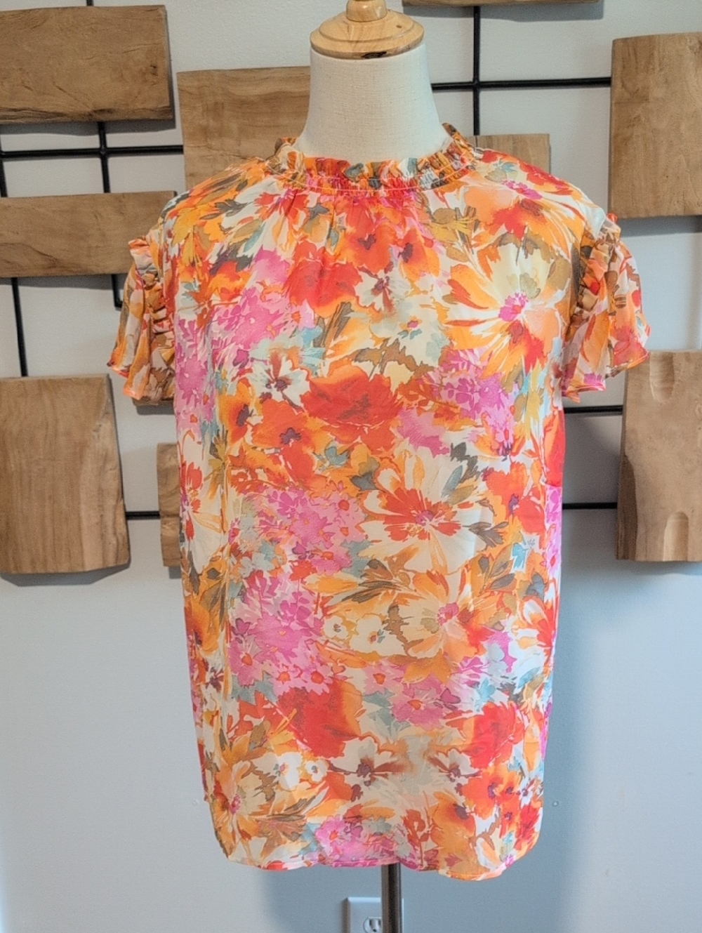 CeCe Orange Pink Floral Ruffle Neck Blouse